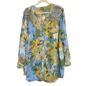 FIGUEROA & flower Womens Sz 3X sheer floral v-neck button up fairy  Tunic top